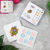 A white Tic Tac Toe game board with light pink X and light blue O pieces, next to its colorful box.