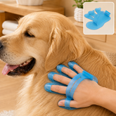 A hand wearing a blue silicone grooming glove gently strokes a golden retriever's fur, with another glove in the corner.