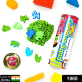 Kinetic Sand Kit in a clear tube packaging, with a child's hand moulding blue sand
