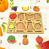 Top view of a colourful wooden fruit puzzle with various fruit shapes