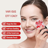 A woman smiles while applying a clear ice roller with red petals to her cheek, highlighting facial benefits.