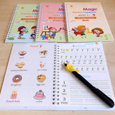 Magic Copybook for Kids open showing alphabet practice with vanishing ink pen