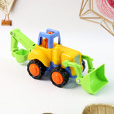 Single yellow and blue toy excavator with green shovel and arm, featuring orange wheels, on a white surface.