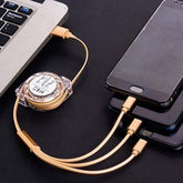 Retractable 3-in-1 Charging Cable showing USB-C, Micro-USB, and Lightning connectors.