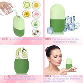 A four-step graphic shows how to fill and freeze a green silicone ice mold with various ingredients for facial use.