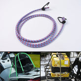 A coiled purple and red elastic bungee cord with black hooks on a white background, with two smaller images showing its use.