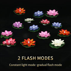 Multiple colorful lotus-shaped LED candles with green bases, scattered on a dark surface, illustrating flash modes.