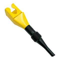 The yellow and black plastic funnel is shown at an angle against a white background, highlighting its flexible corrugated
