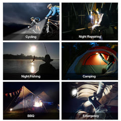 A collage of six images showing the flashlight used for cycling, night repairing, fishing, camping, BBQ, and emergency