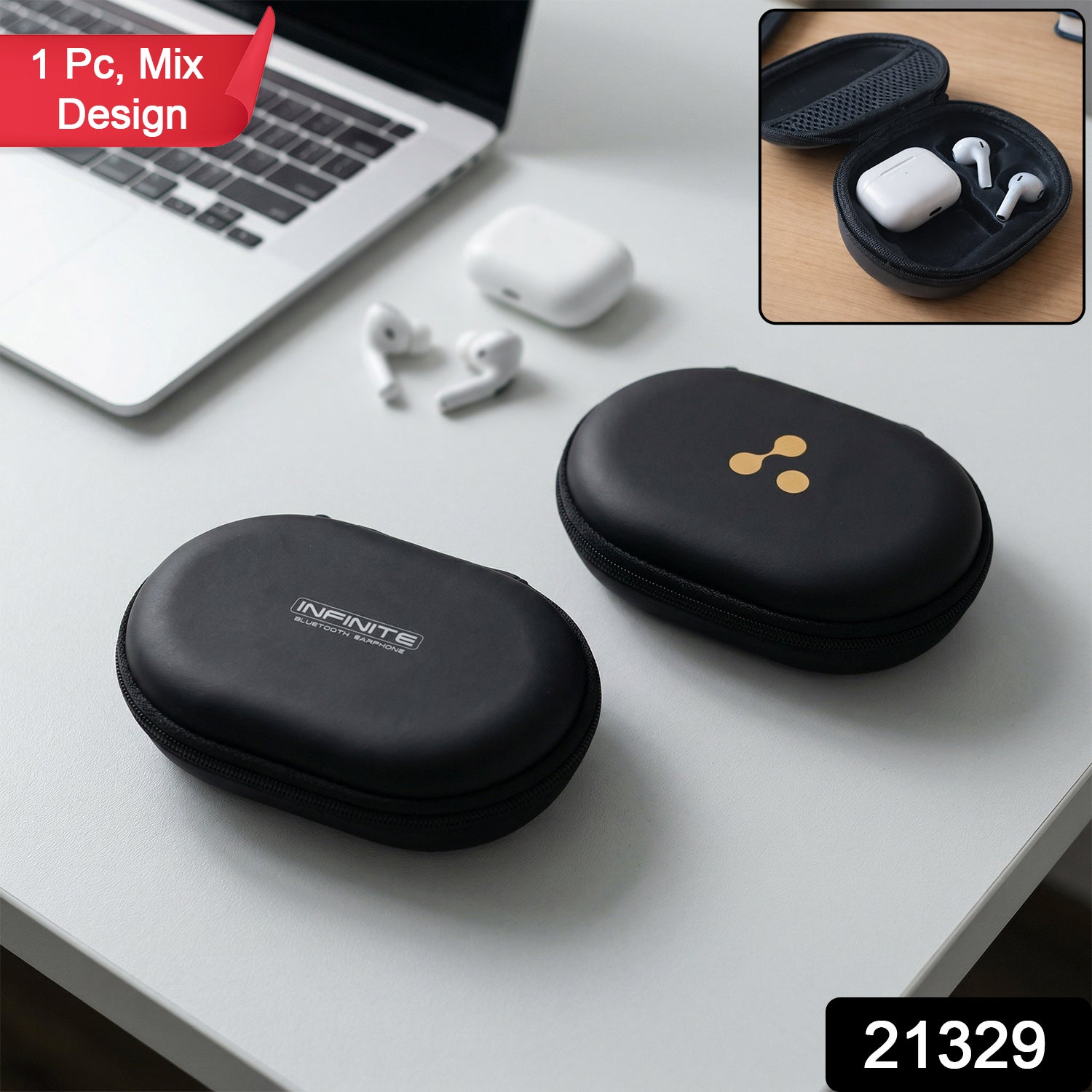 Two black oval earbud cases, one with 'INFINITE' text, the other with a gold logo, on a white desk.