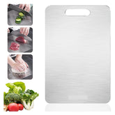 A rectangular brushed metal chopping board with a handle hole is shown next to three close-up images of food preparation.