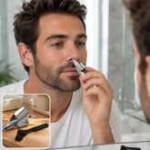 A man in a white shirt uses a silver manual nose hair trimmer in front of a mirror, with the product and brush inset.