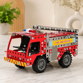 Front view of the assembled metal fire truck building blocks toy, red and silver