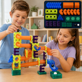 Magnetic Marble Run 48-piece set with various colorful translucent tracks and marbles