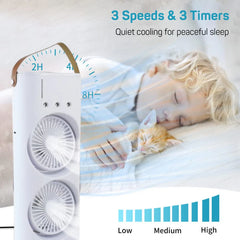 Double Head Mist Cooling Fan with Remote | 3-Speed USB Rechargeable Air Cooler for Desk & Bedroom (1 Pc With Remote)