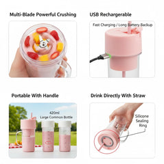 Portable USB Rechargeable 6-Blade Juicer Blender – 420ml Travel Smoothie Maker with Handle & Straw