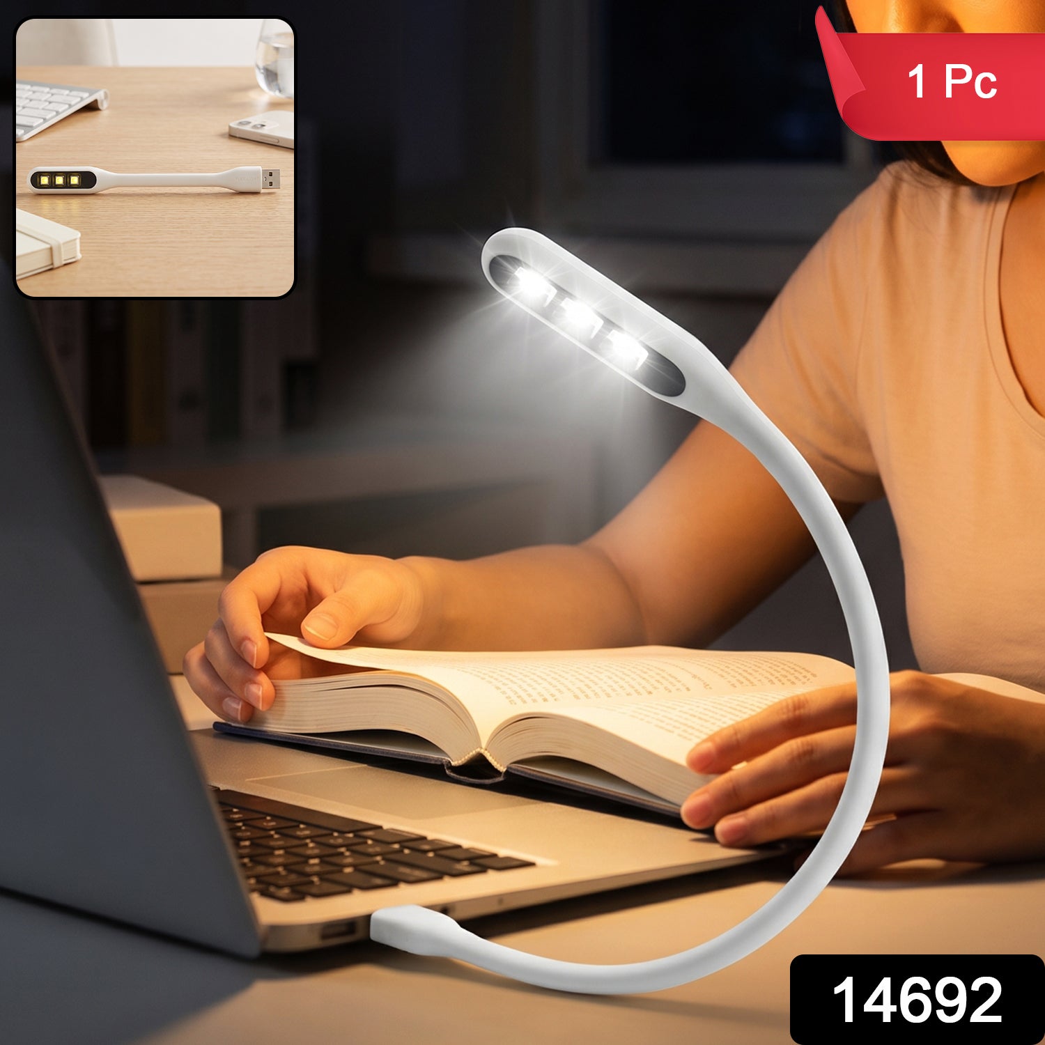 A person reads a book at night, illuminated by a white flexible USB LED lamp plugged into a laptop.