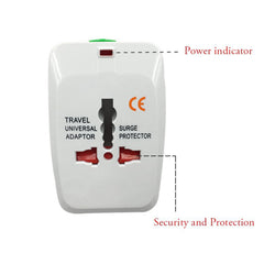 Front view of the white travel adapter, highlighting the power indicator and red security protection outlets.
