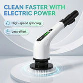 White and black handheld electric scrubber with a round brush head on a white pedestal.