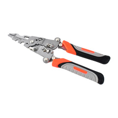 A single wire stripper tool, featuring silver metal and orange, black, and grey handles, is presented against a clean white
