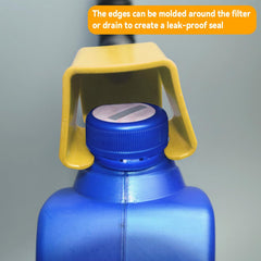 A close-up shows the yellow funnel's wide top section, designed to mold around a blue bottle cap, creating a leak-proof seal.