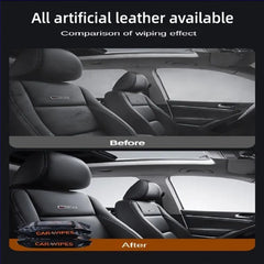 A split image showing dirty car seats above and clean car seats below, with a pack of wipes.
