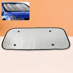 A rectangular silver car sunshade with black edges and four suction cups, displayed flat against a plain background.