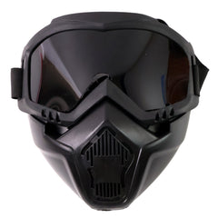 Front view of the black motorcycle goggles and face mask on a plain white background.