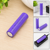 A purple lithium-ion battery with white ends rests on a light wooden surface next to green plants.