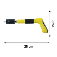 The yellow and black manual nail gun tool is shown with its dimensions: 28 cm long and 13 cm high.