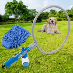 A blue and gray pet shower sprayer with a circular ring and a blue microfiber grooming glove on green grass. A golden