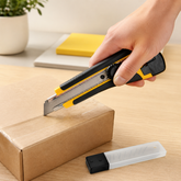 A hand holds a black and yellow utility knife, cutting into a brown cardboard box on a light wooden table.