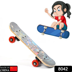 A skateboard with a superhero graphic and red wheels is shown next to an illustration of a girl on a blue skateboard.