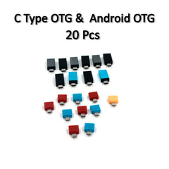 Twenty small USB-C and Micro USB adapters are arranged in rows on a white surface.