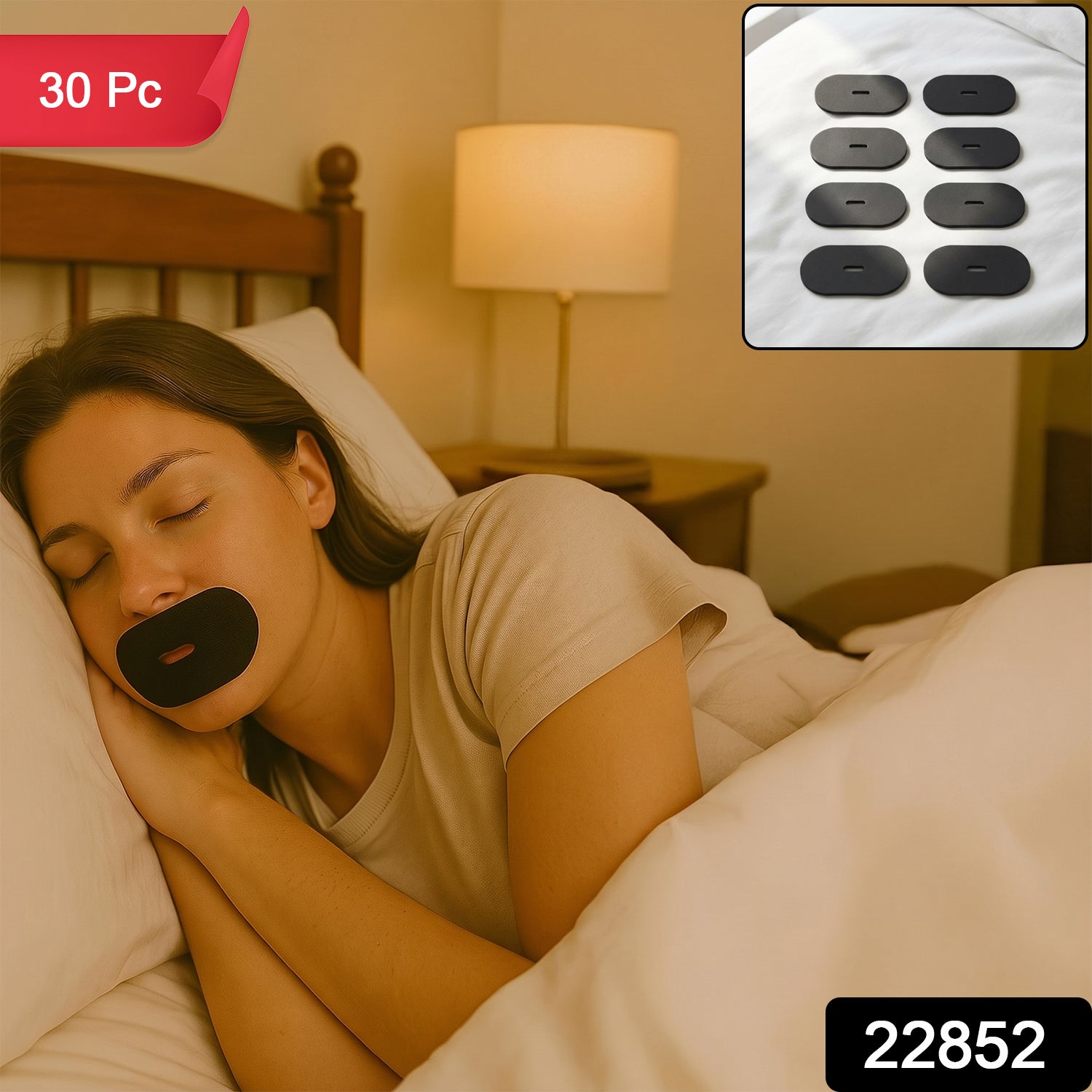 A woman with closed eyes sleeps on a pillow, wearing a black oval mouth tape with a breathing slot.
