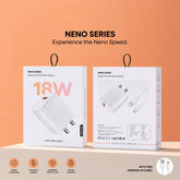 Front view of 18W fast charging USB wall adapter with Micro USB cable