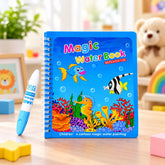 A blue spiral-bound water coloring book with a vibrant underwater scene on the cover, featuring fish, a seahorse, and coral.