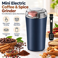 A dark blue electric grinder with a clear lid, a cleaning brush, and bowls of coffee beans, spices, and nuts.