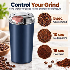 A dark blue electric grinder on a counter, displaying different textures of ground coffee for various grind times.