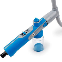 A close-up of the blue and gray pet shower sprayer handle, showing the controls and clear soap dispenser.
