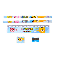 A five-piece stationery set with cartoon animal designs on a white background, including two pencils, a ruler, an eraser,