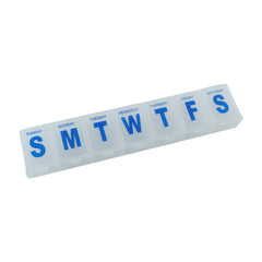 A transparent plastic pill organizer with seven compartments, labeled Sunday through Saturday in blue text.