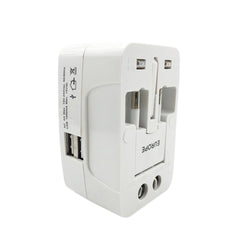 White universal travel adapter with multiple retractable plugs and two USB ports visible on a white background.