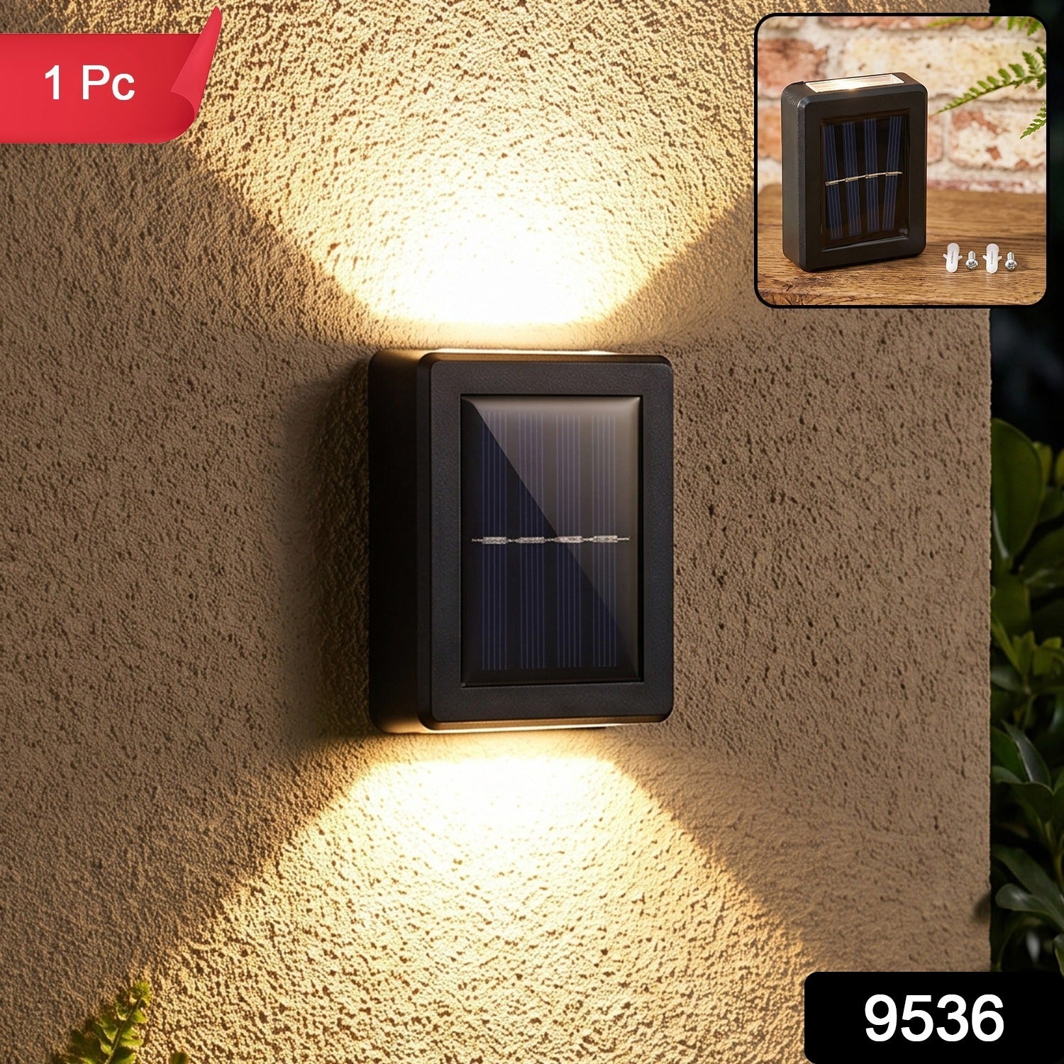 A black solar wall light mounted on a textured beige wall, emitting warm light upwards and downwards.
