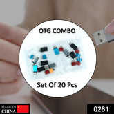 A clear plastic pouch holds a variety of small USB-C and Micro USB adapters in black, grey, blue, and red.
