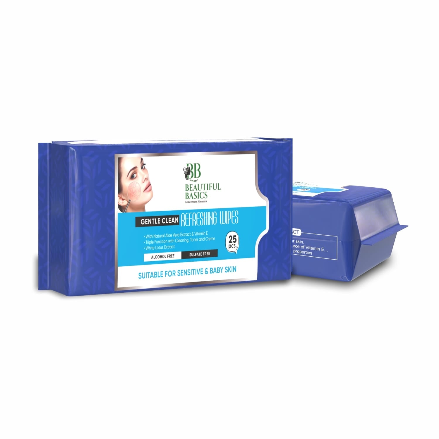Two blue packages of Beautiful Basics Refreshing Wipes, one slightly behind the other on a white surface.