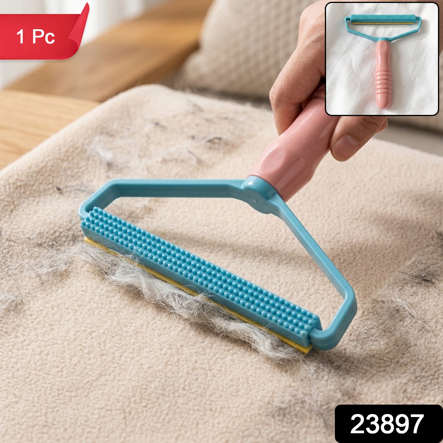 A person's hand holds a pink and blue lint remover, actively cleaning a beige fabric surface covered in pet hair.