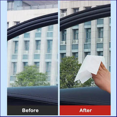 A split image showing a dirty car window on the left and a clean window on the right being wiped.