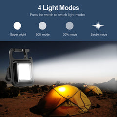 A black mini flashlight illuminating a tent at night, with an overlay showing four light modes: super bright, 60%, 30%, and