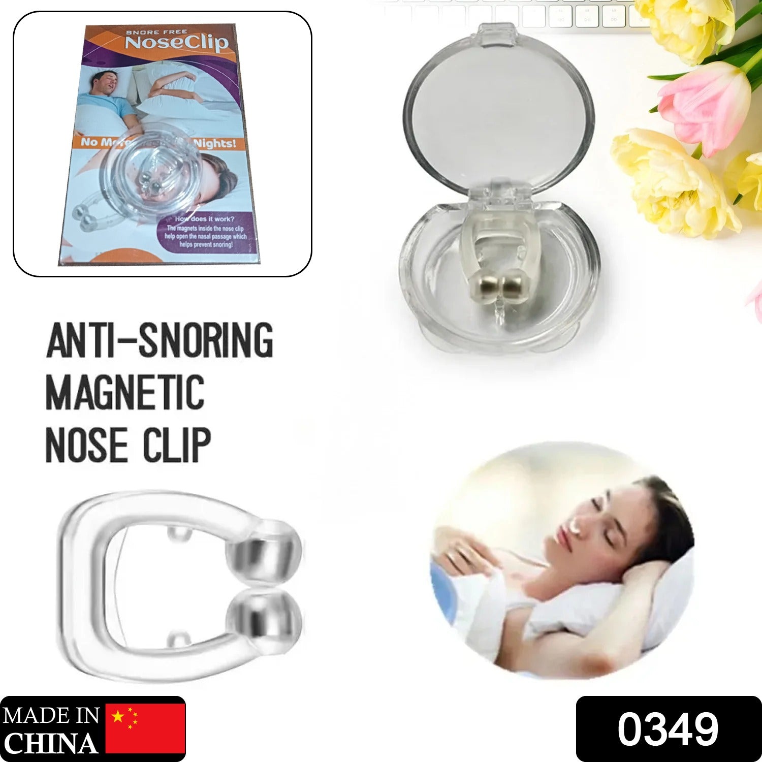 A clear silicone anti-snoring magnetic nose clip and its round storage case are displayed with packaging and a sleeping